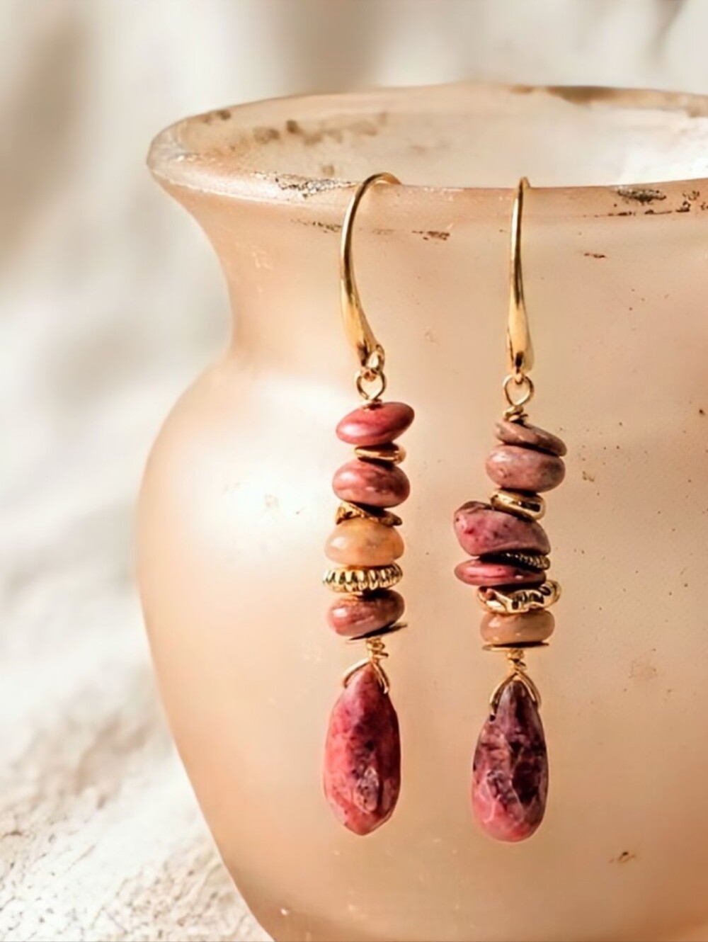 Natural Stacked Argentine Rhodonite In Artisan HandMade Gold Plated Earrings